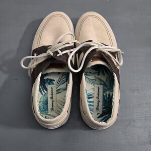 Tommy Bahama Boat Shoes Mens 11.5 Tan Canvas Leather Lace Up Casual Comfort
